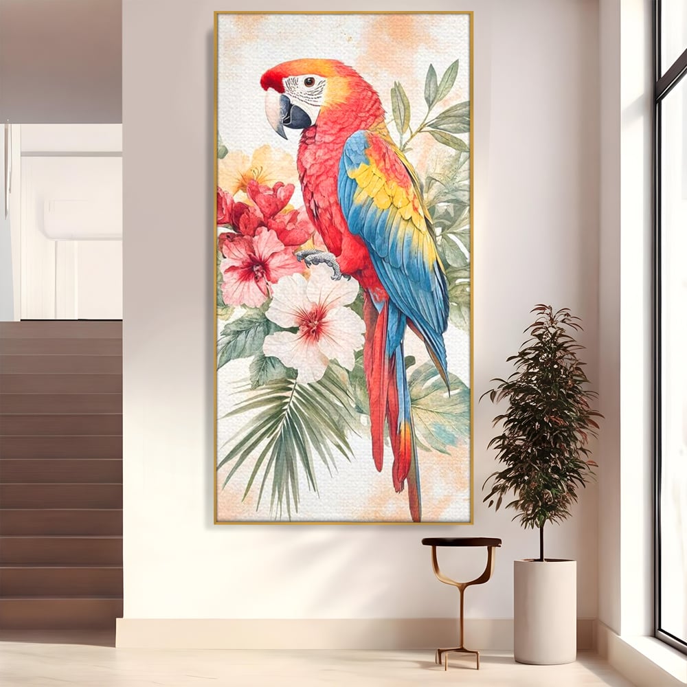 Tablou canvas cu tablou canvas cu papagal multicolor si flori, in rama de aluminiu auriu